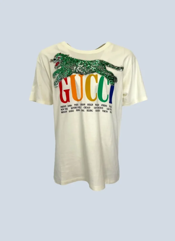 <b>Gucci</b><br> t-shirt in cotone con logo e patch paillettes, L.