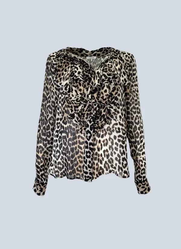 <b>Ganni</b><br> camicia con rouches animalier, 38.