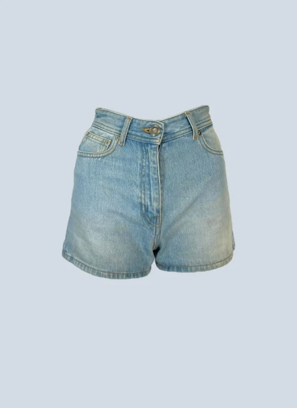 <b>Versace</b><br> shorts in denim con stampa barocco, 24.