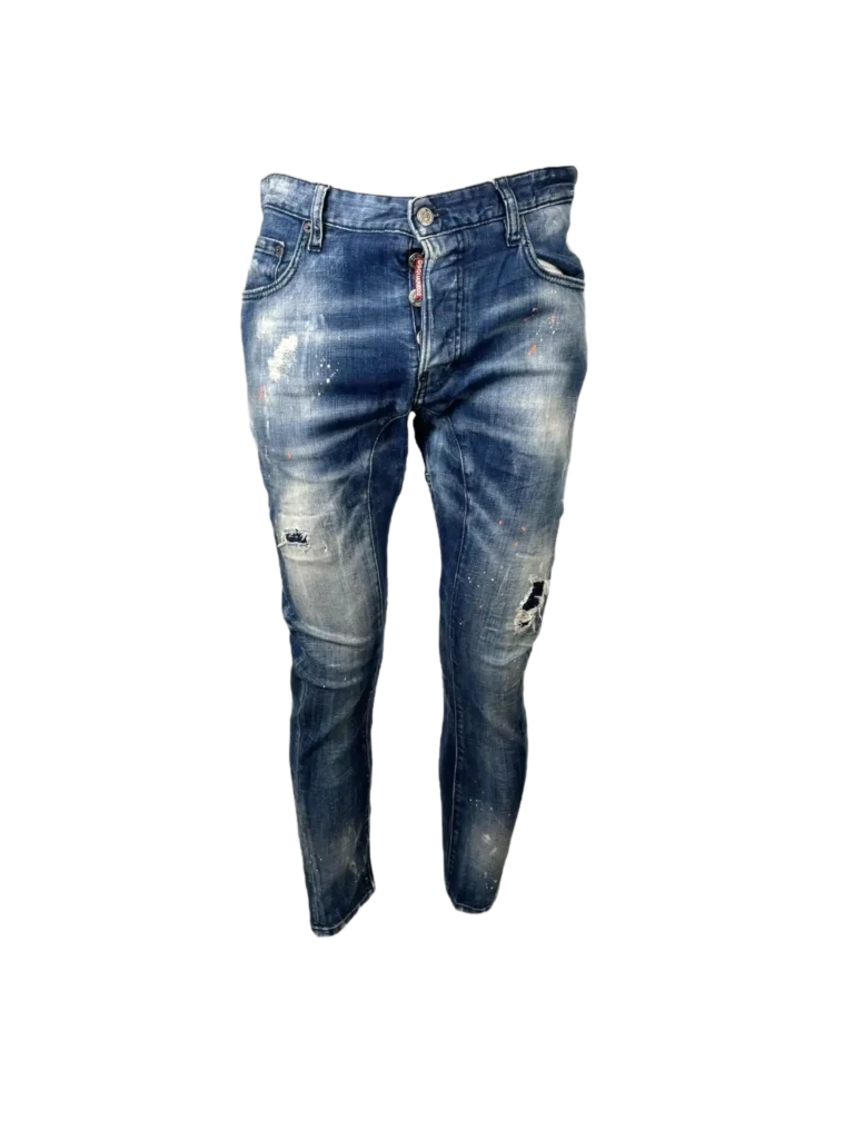 Denim trousers with paint splashes.