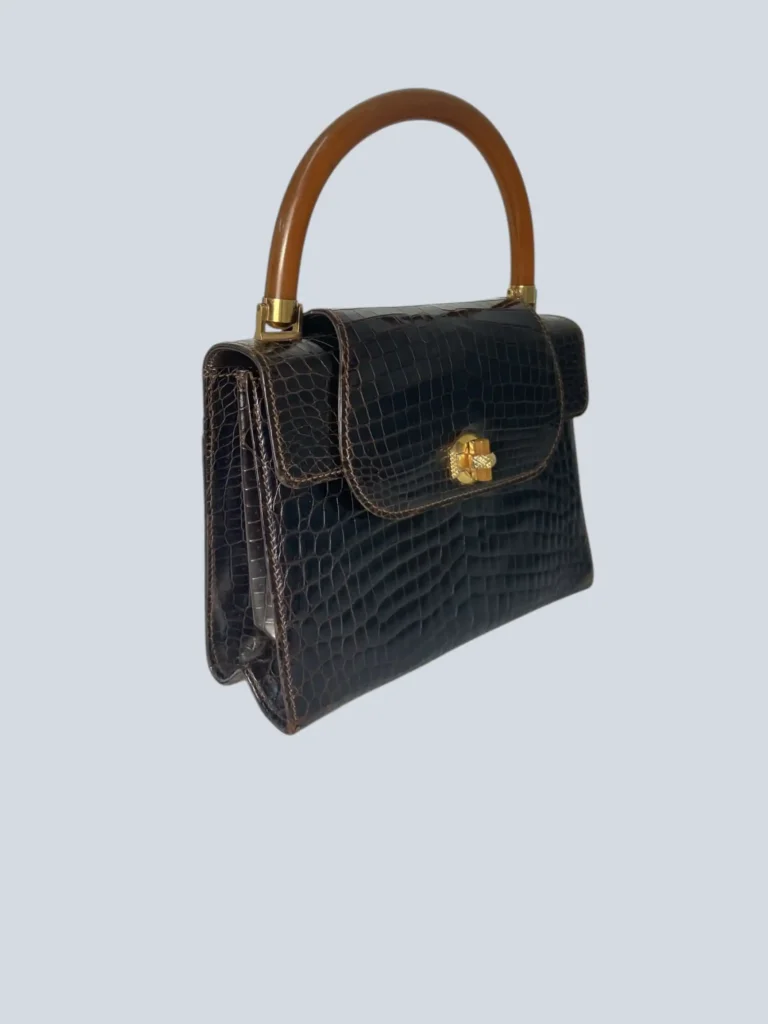 Borsa a mano vintage in pelle di coccodrillo lucida., foto 2 di 10
