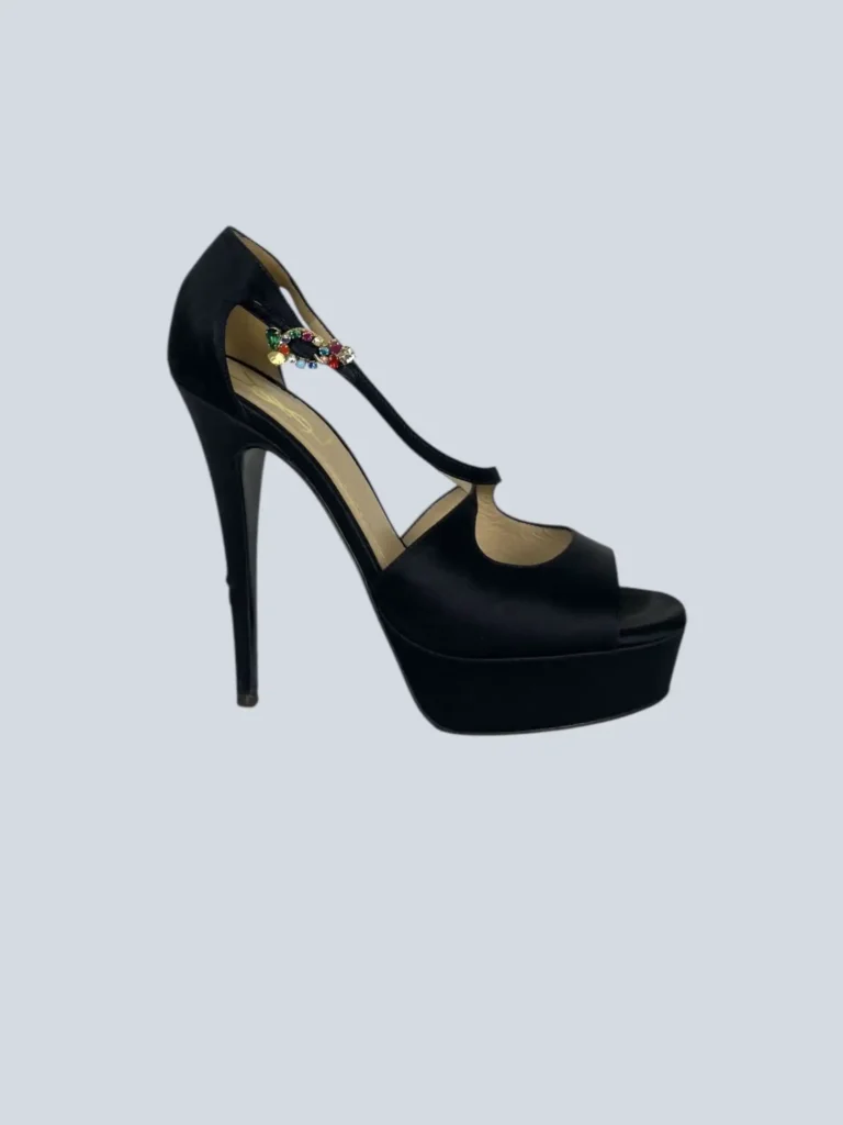 Sandali in satin e cristalli con plateau, 38.