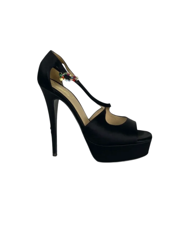 Sandali in satin e cristalli con plateau, 38.