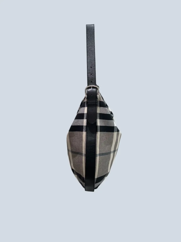 Borsa a spalla Hobo in tela di cotone Check e pelle., foto 2 di 11