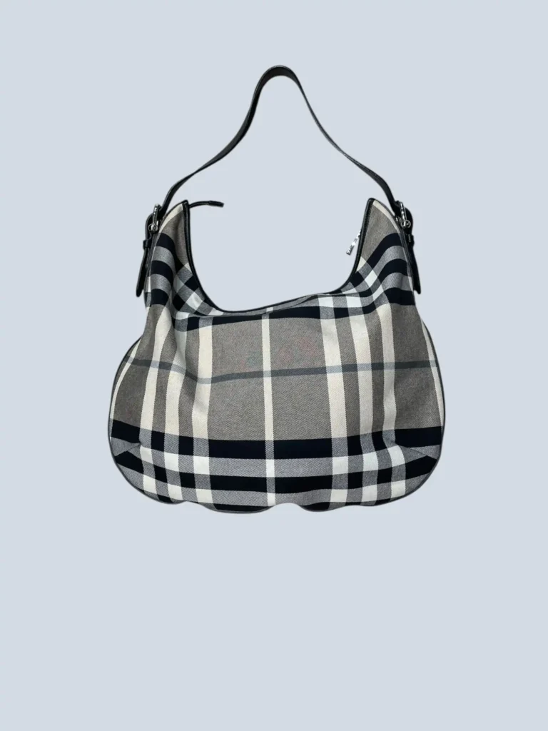 Borsa a spalla Hobo in tela di cotone Check e pelle., foto 3 di 11