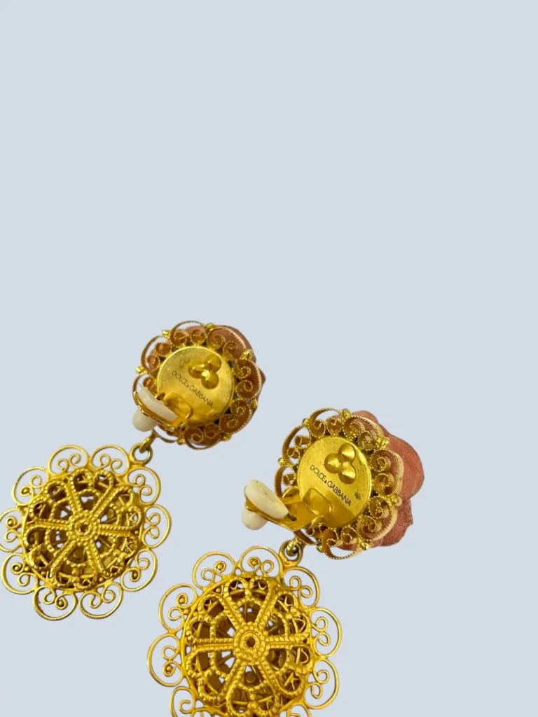 Brass clip-on earrings with leather rose, photo 3 of 4