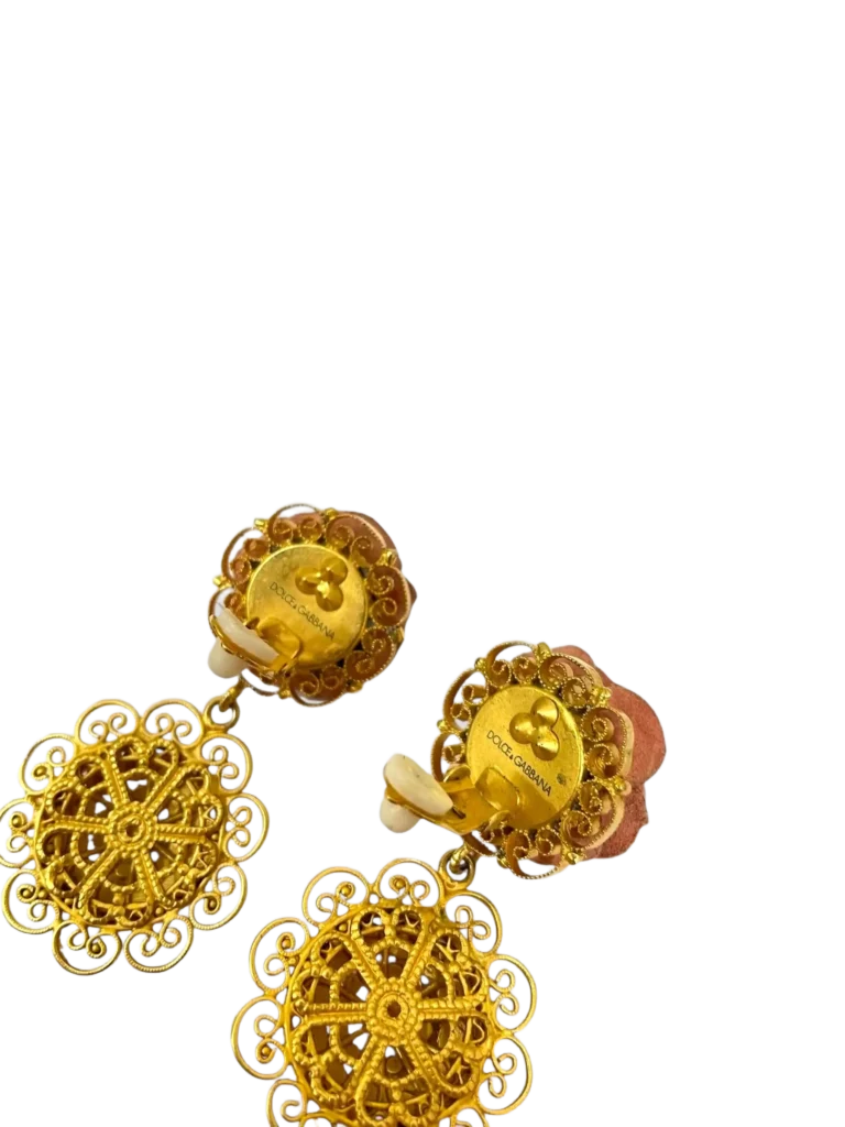 Brass clip-on earrings with leather rose, photo 3 of 4