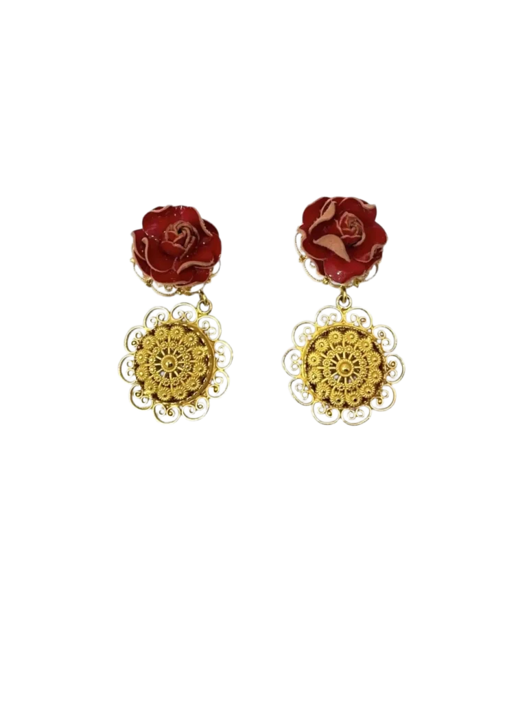 Brass clip-on earrings with leather rose.