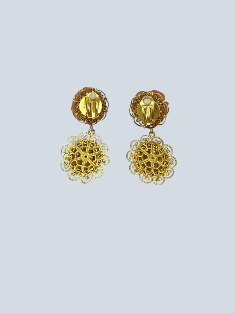 Brass clip-on earrings with leather rose, photo 2 of 4