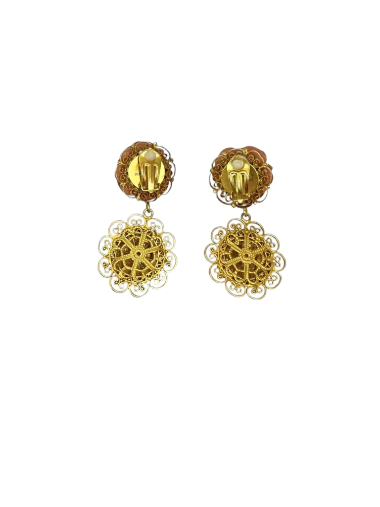 Brass clip-on earrings with leather rose, photo 2 of 4