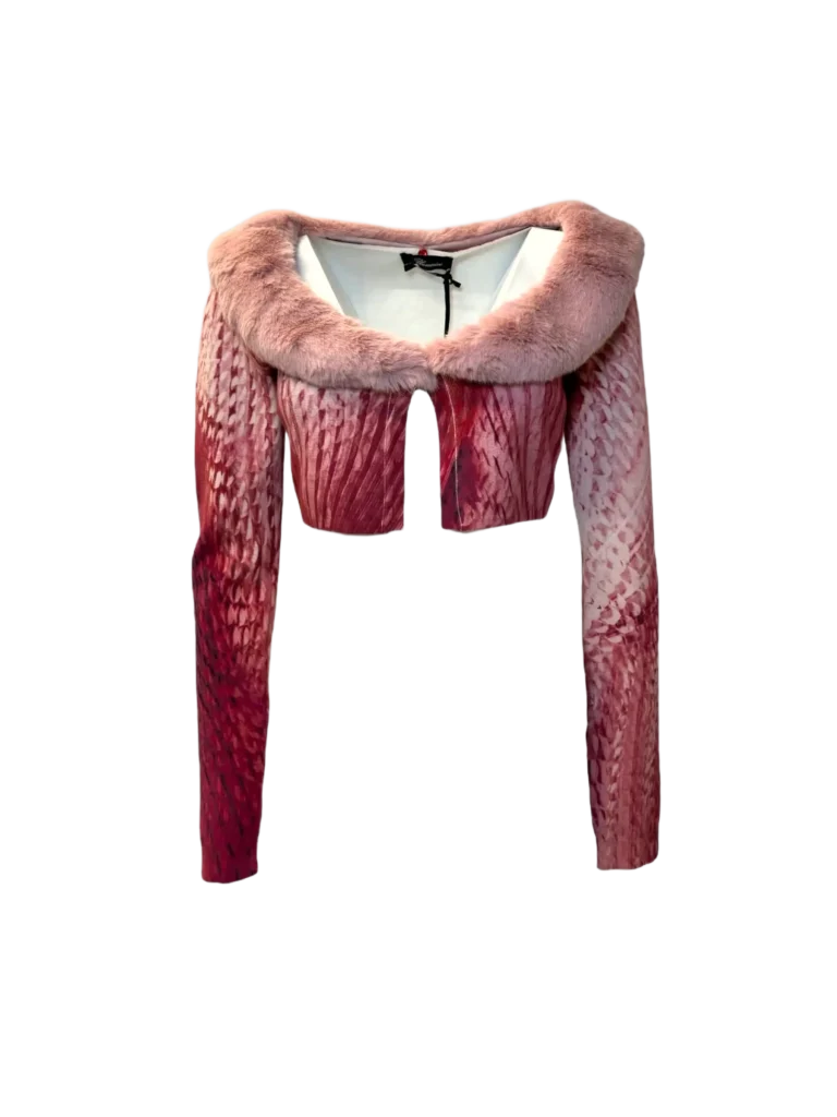 Cardigan corto fantasia con collo eco-pelliccia, S.
