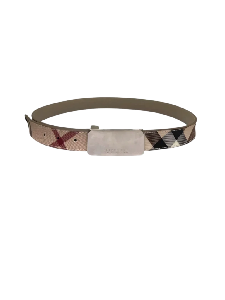 Check and leather coated canvas belt, 100.