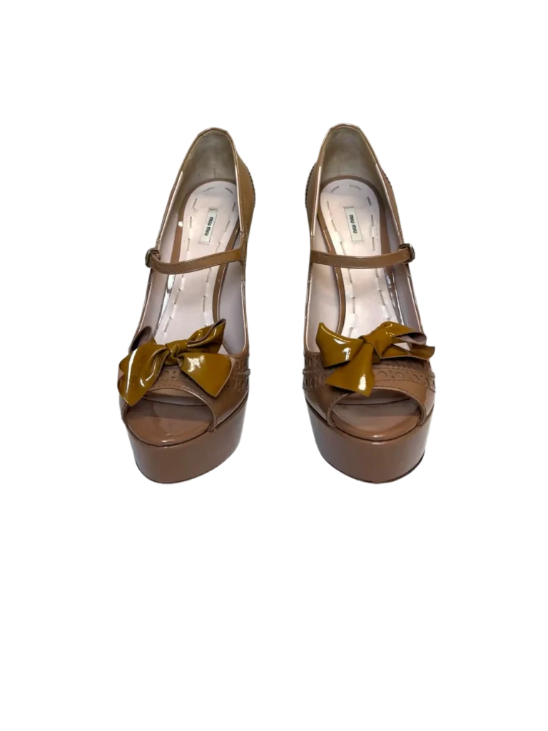 Open-toe patent leather platform pumps with bow, 38,5., photo 3 of 5