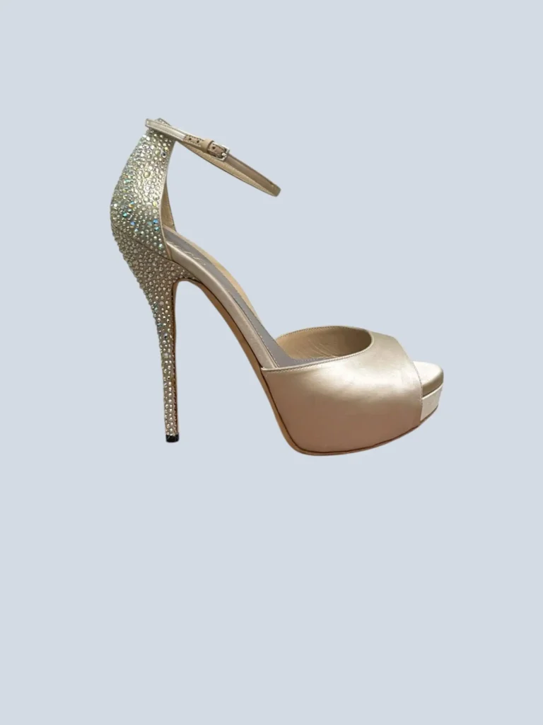 Sandali con tacco a spillo e plateau in satin e cristalli, 40,5.