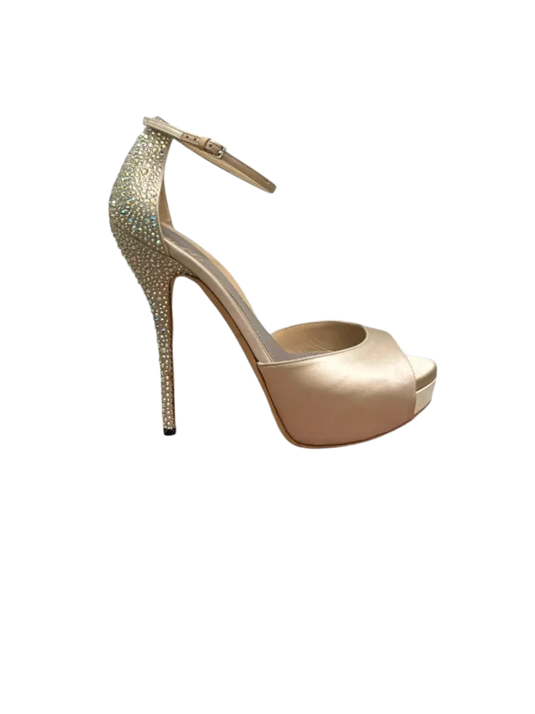 Sandali con tacco a spillo e plateau in satin e cristalli, 40,5.