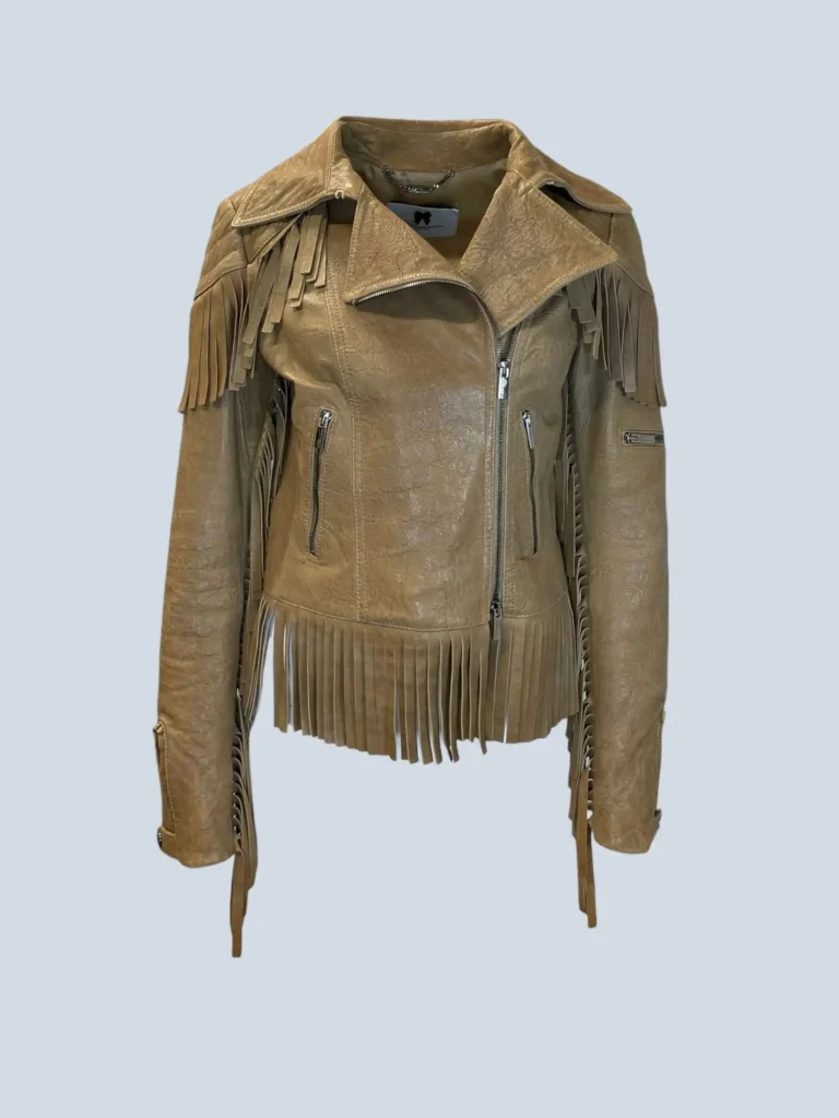 Giacca chiodo in pelle con frange, 42.