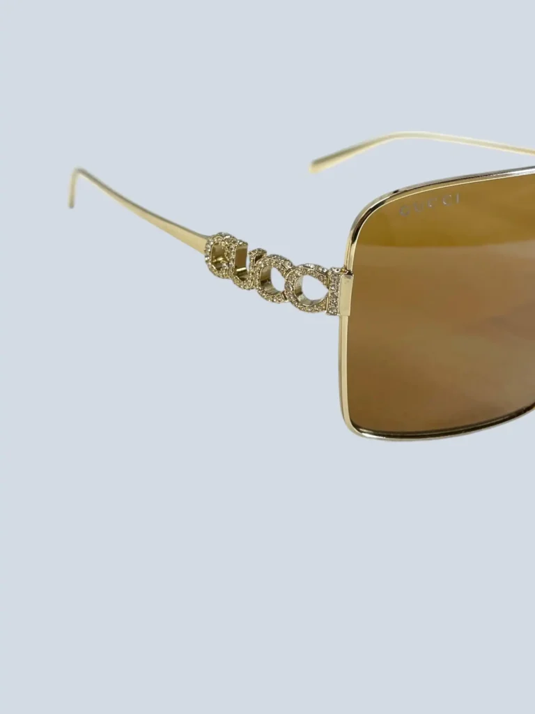 Oversized metal shield sunglasses with rhinestone logo, photo 4 of 5