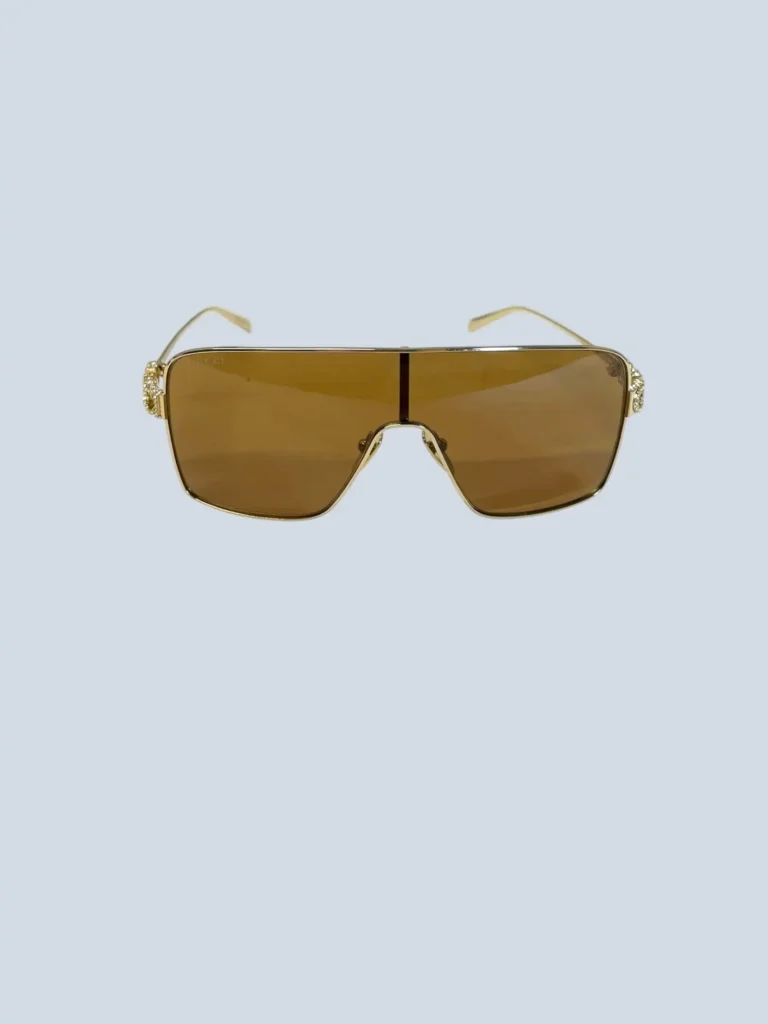 Oversized metal shield sunglasses with rhinestone logo, photo 2 of 5