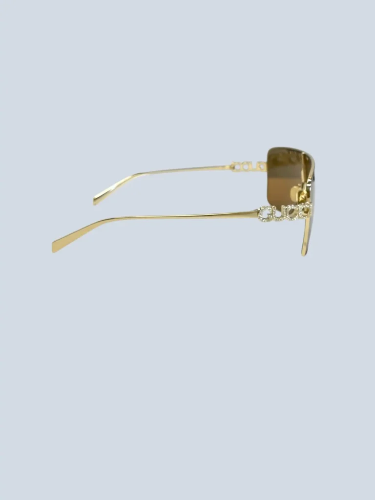 Oversized metal shield sunglasses with rhinestone logo, photo 3 of 5