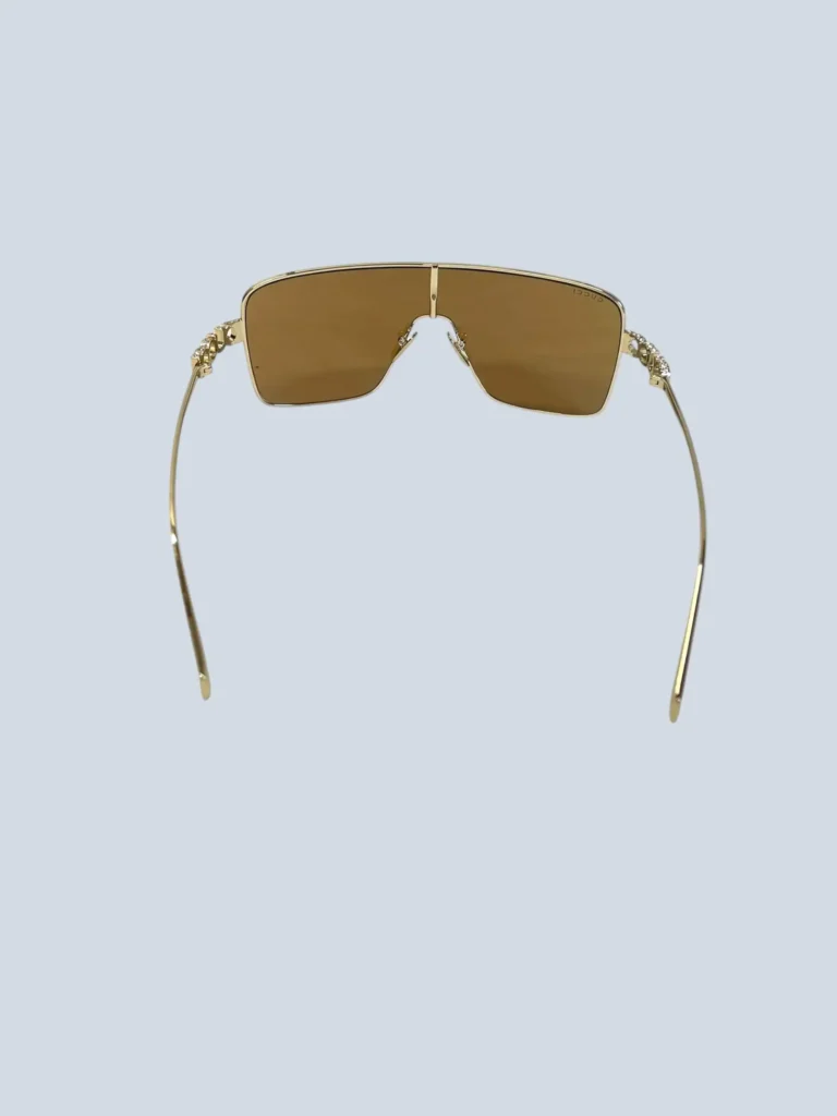 Oversized metal shield sunglasses with rhinestone logo, photo 5 of 5