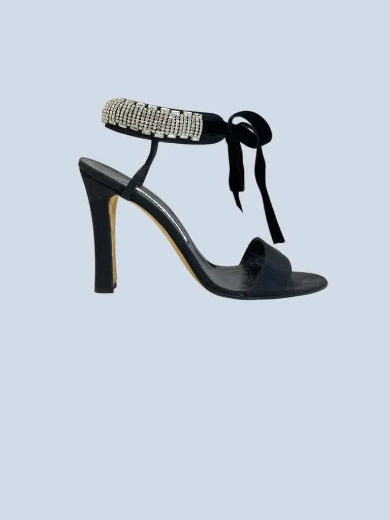 Sandali in nylon con strass e lacci in velluto, 39.