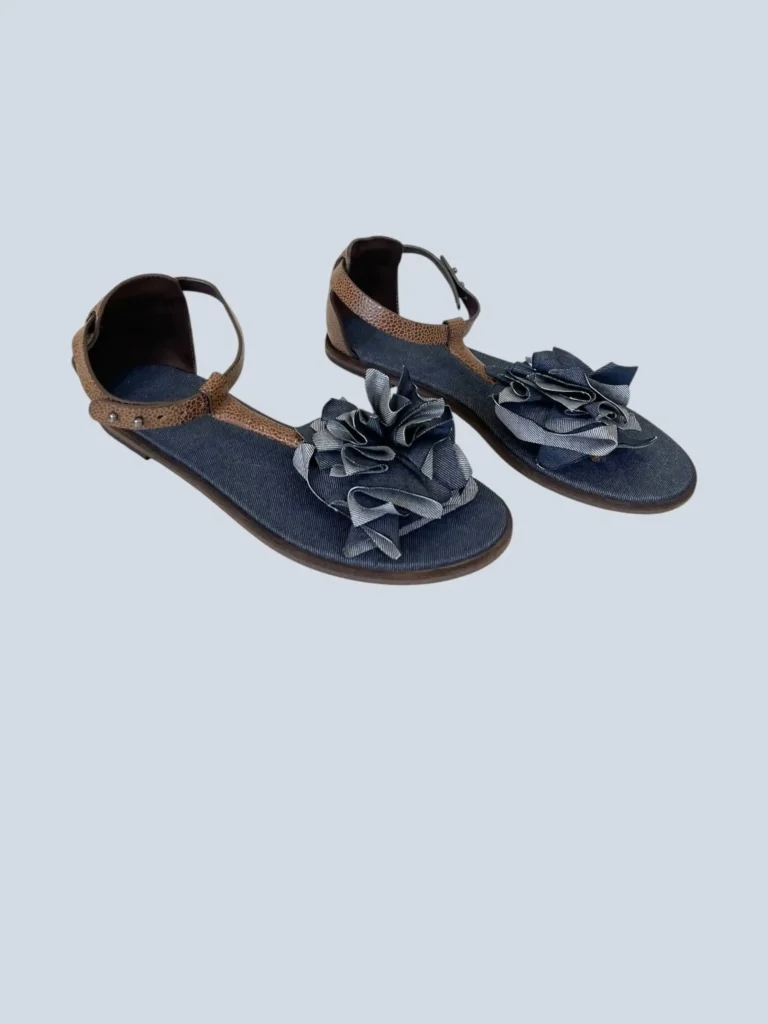 Sandali flat in pelle e denim, 37., foto 2 di 6