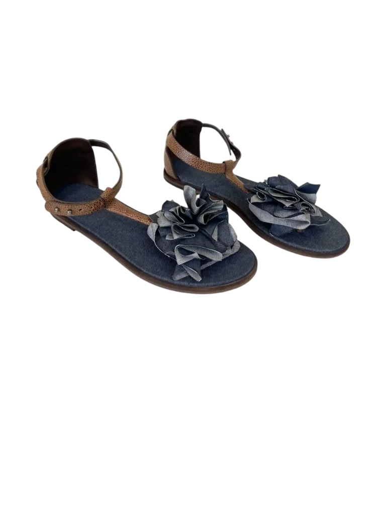 Sandali flat in pelle e denim, 37., foto 2 di 6