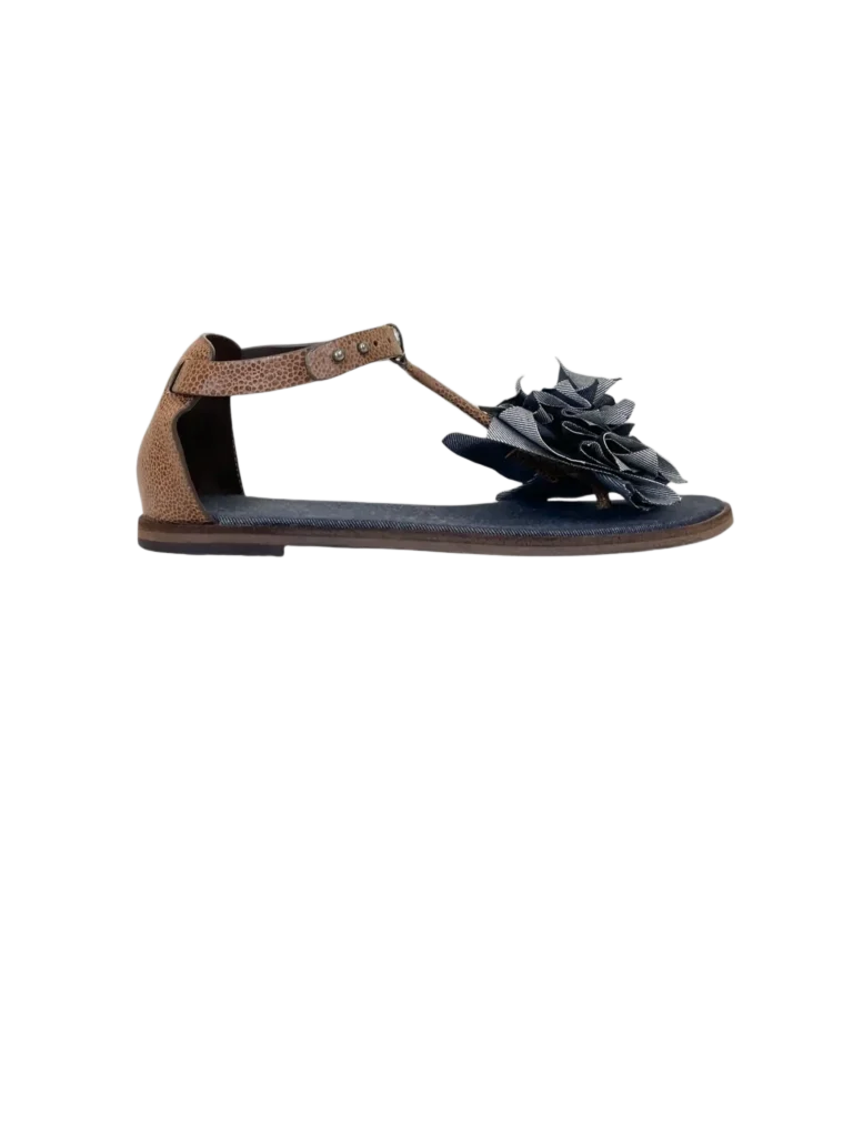 Sandali flat in pelle e denim, 37.