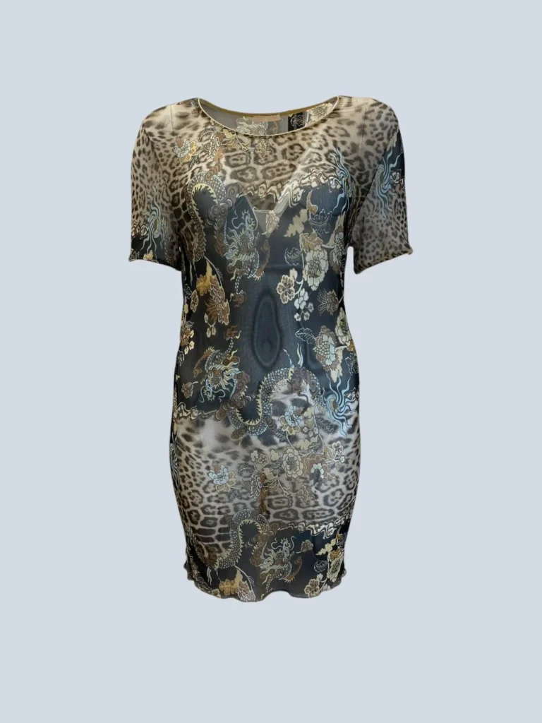 Abito corto in tessuto a rete con motivo chinoiserie animalier, S.