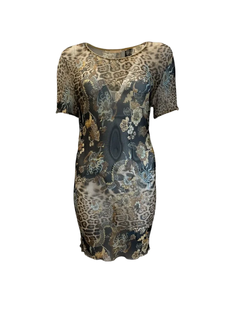 Abito corto in tessuto a rete con motivo chinoiserie animalier, S.