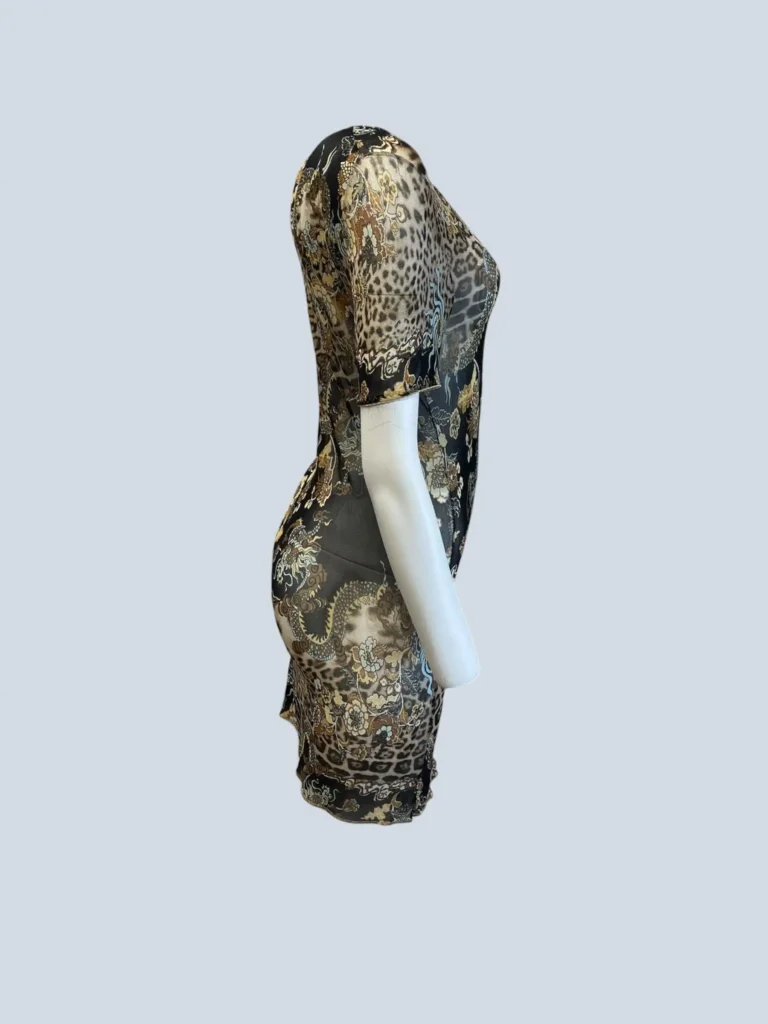 Abito corto in tessuto a rete con motivo chinoiserie animalier, S., foto 2 di 8