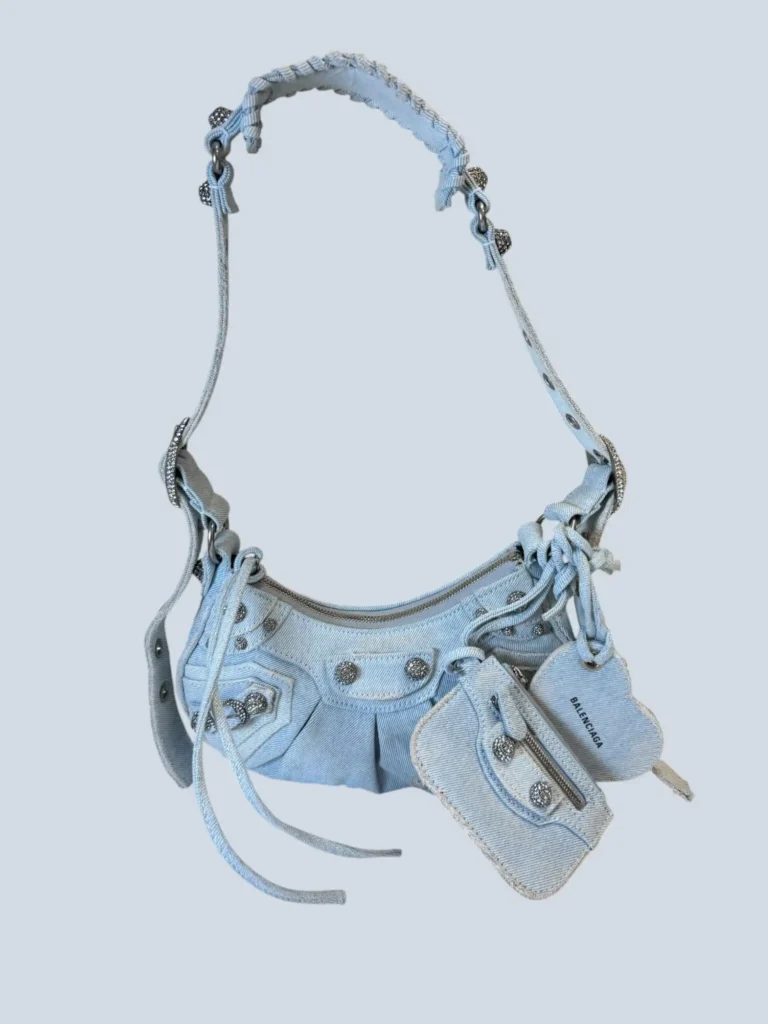 Borsa a spalla Le Cagole XS in denim e strass.