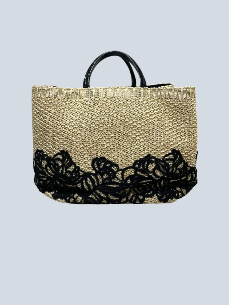Raffia shopper bag with macramé lace embroidery, photo 2 of 10