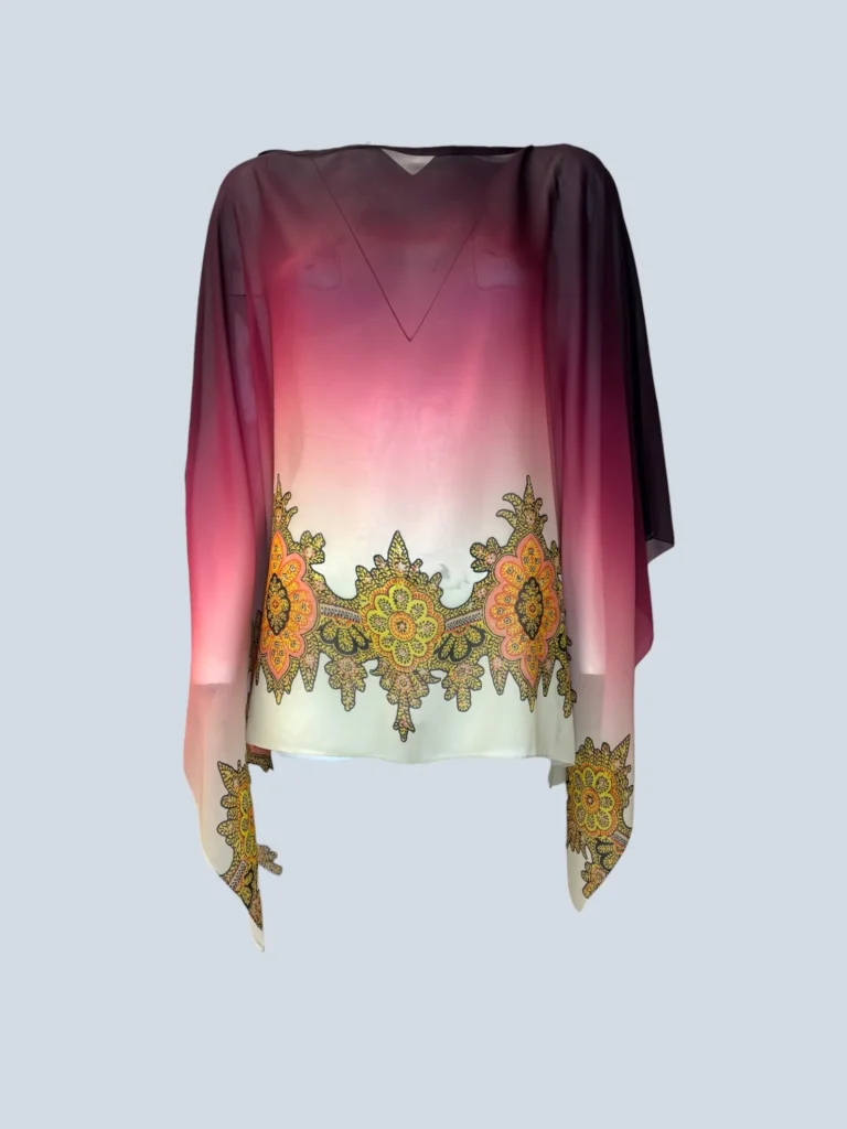 Blusa Etro in seta con stampa paisley sfumata vista frontale.