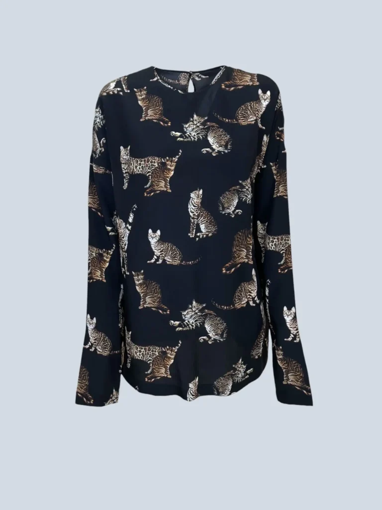 Blusa a maniche lunghe in seta stampa all over gatti, 40.