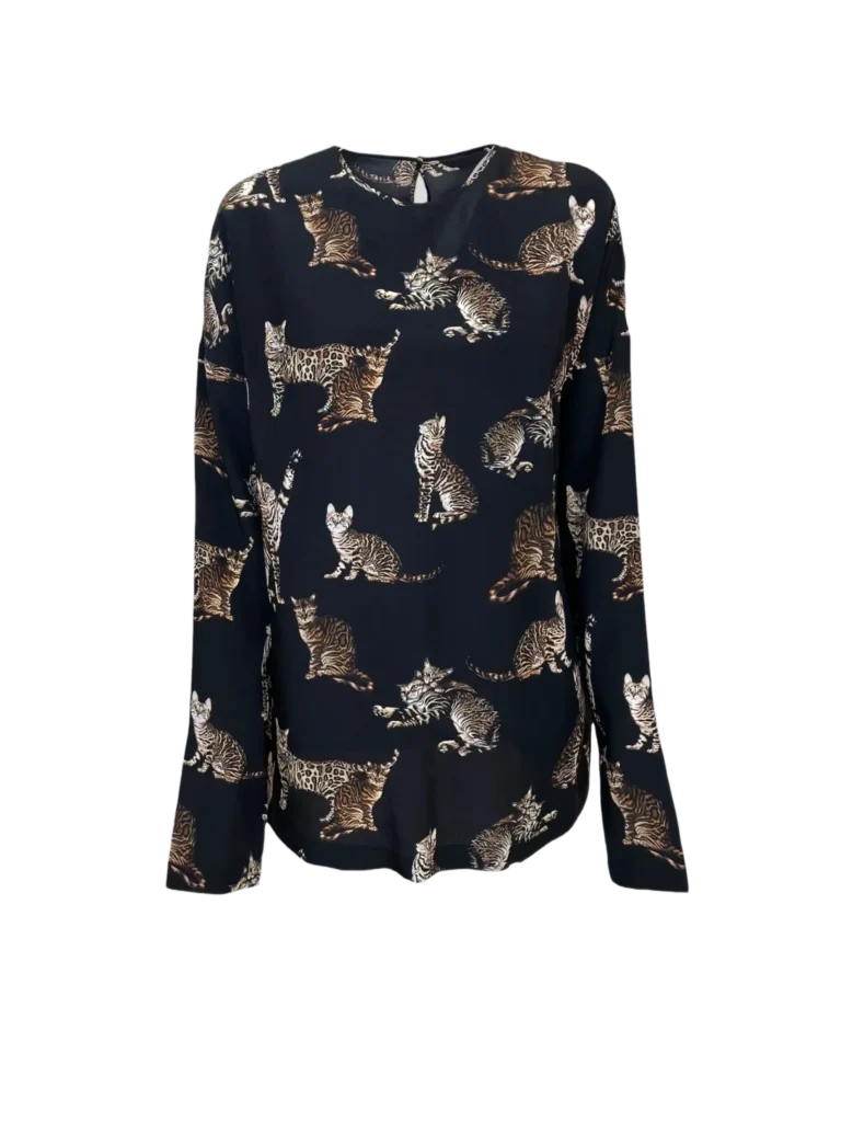 Blusa a maniche lunghe in seta stampa all over gatti, 40., foto 1 di 4