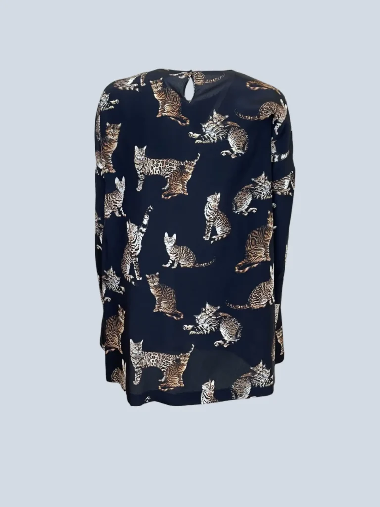 Blusa a maniche lunghe in seta stampa all over gatti, 40., foto 3 di 4