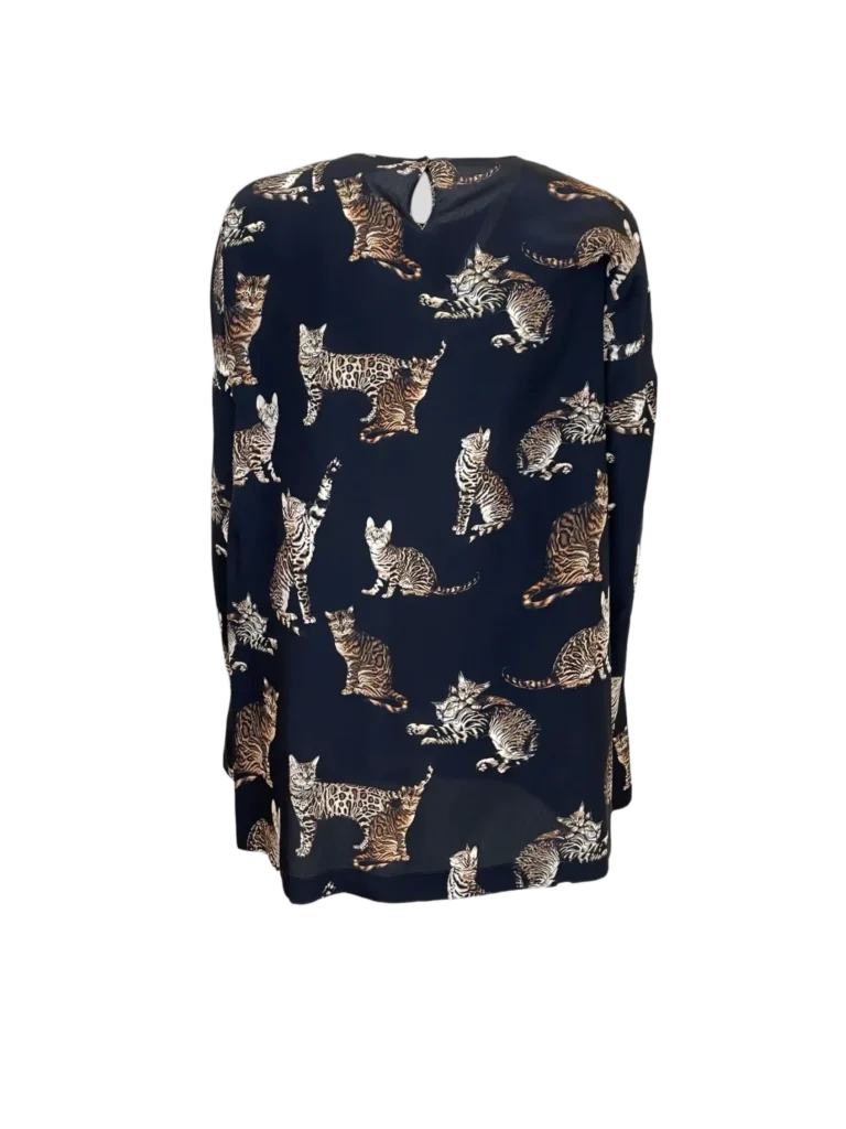 Blusa a maniche lunghe in seta stampa all over gatti, 40., foto 3 di 4