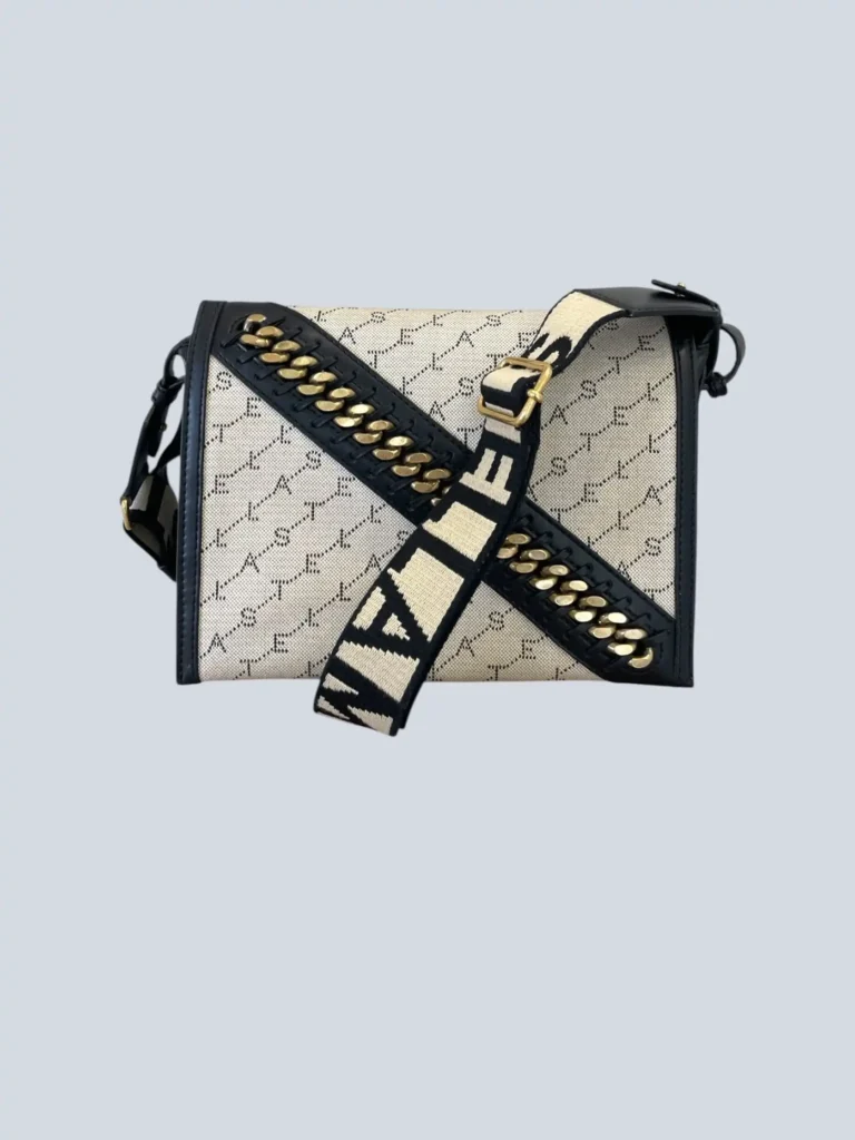 Borsa a spalla in canvas e ecopelle con logo all over.