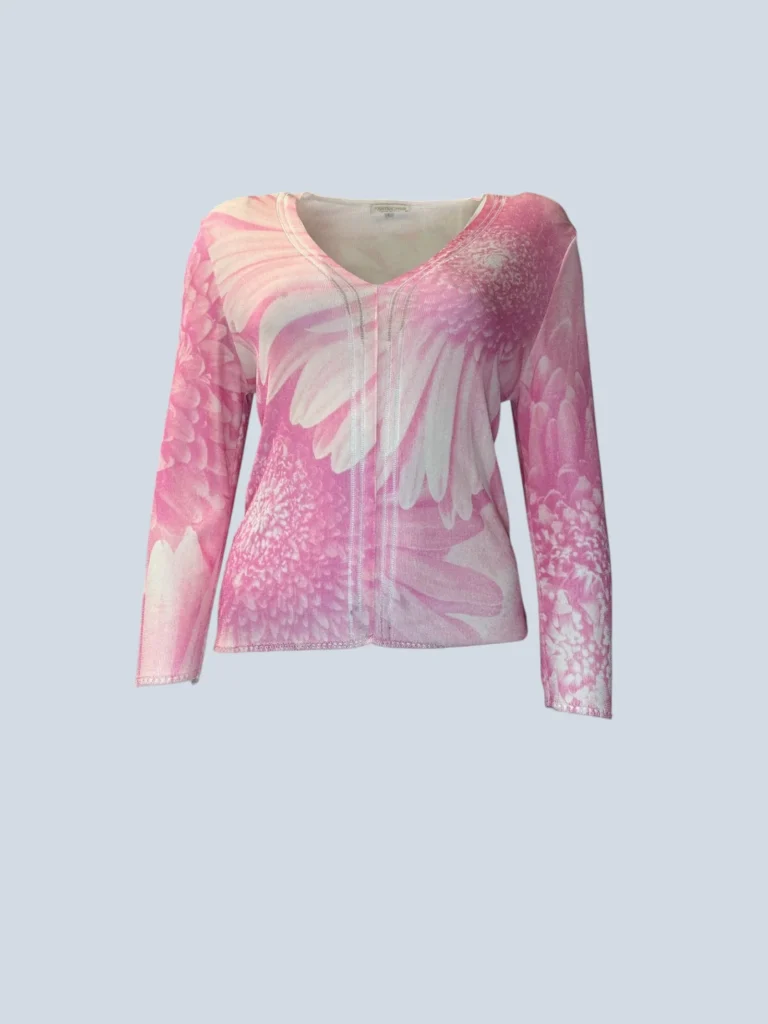 Maglia a maniche lunghe Roberto Cavalli con stampa floreale rosa vista frontale.