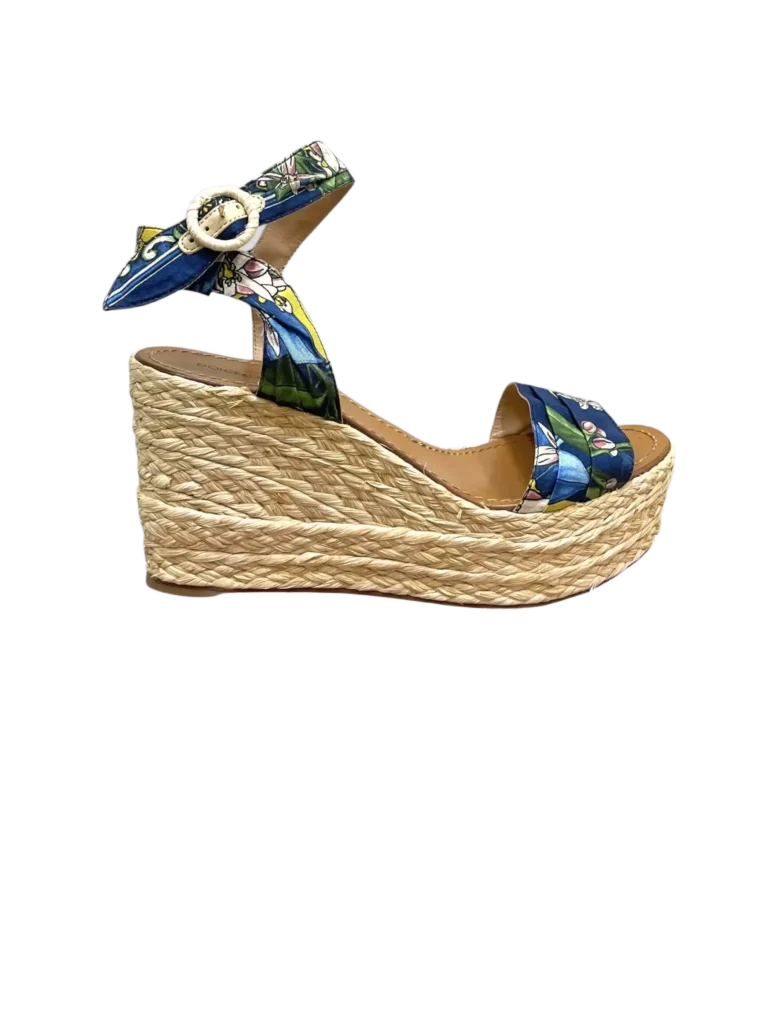 Sandali con zeppa in rafia e nylon floreale, 40.