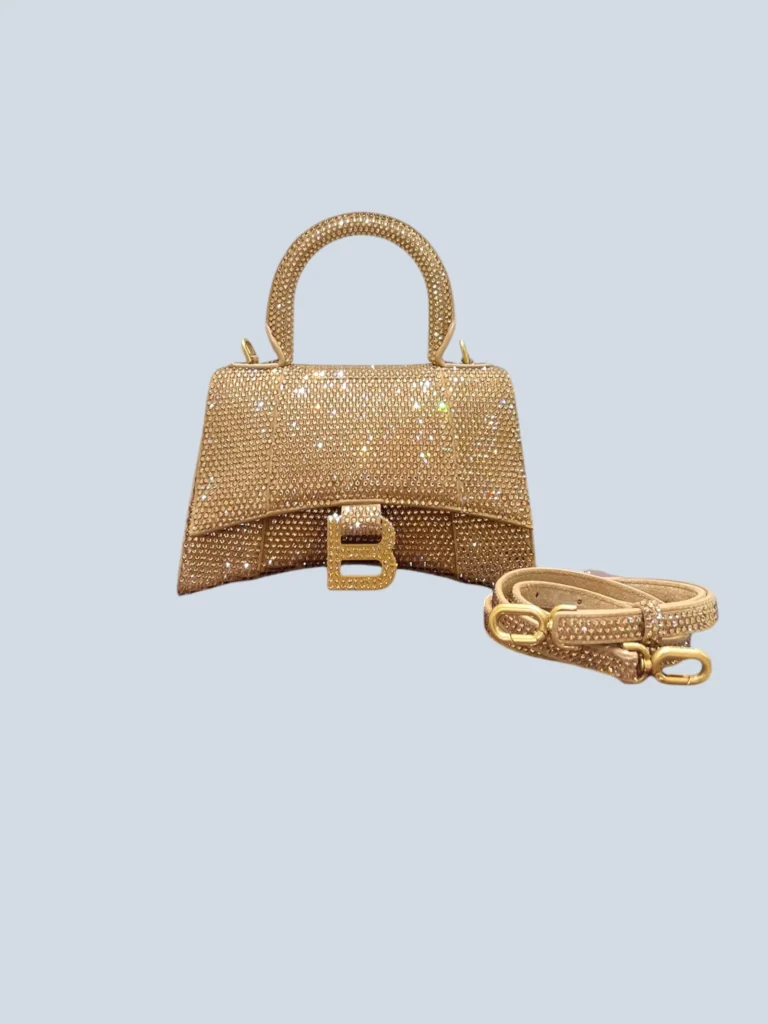 Borsa Balenciaga Hourglass XS in suede e strass vista frontale.