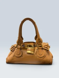 Chloé Paddington Medium brown leather shoulder bag with gold padlock.