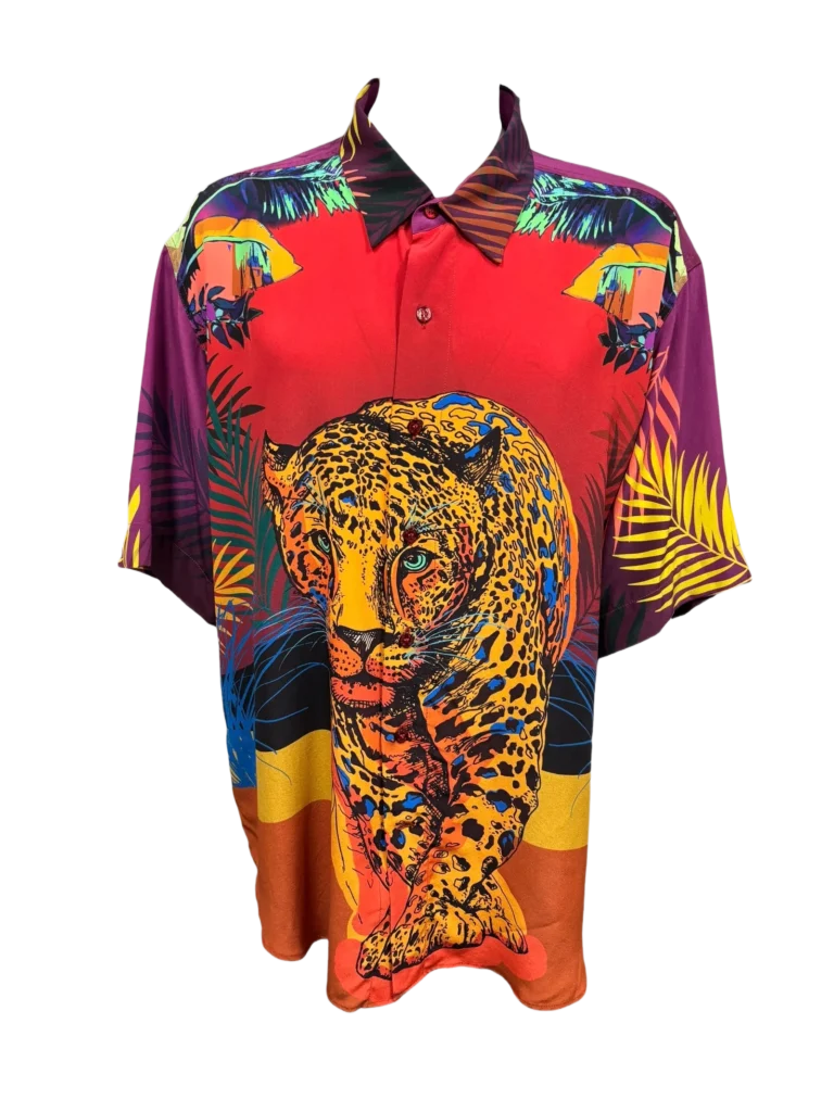 Camicia Etro in seta con stampa giungla vista frontale.