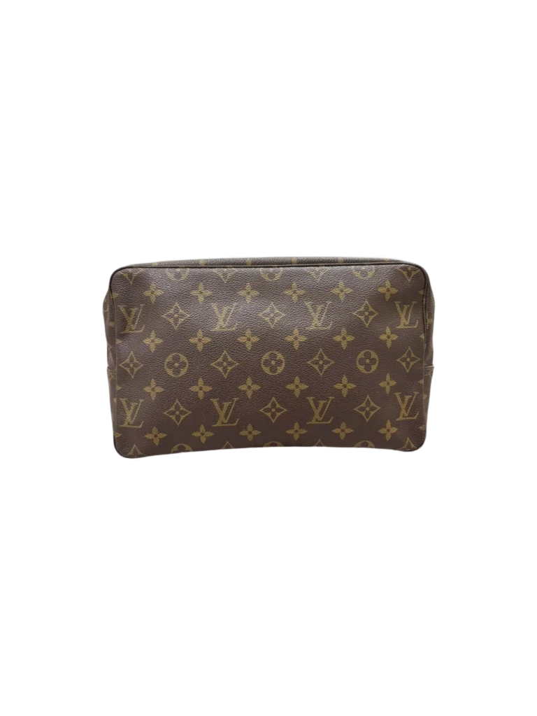 Pochette Louis Vuitton in tela Monogram, vista frontale.