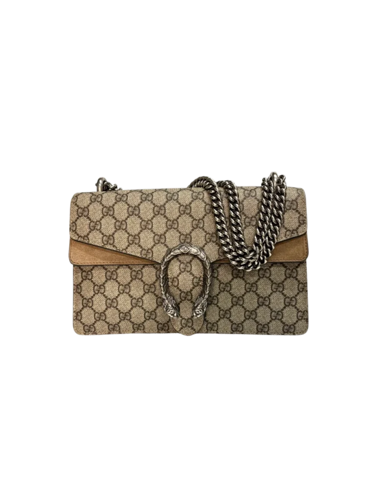 Gucci Dionysus monogram canvas shoulder bag with chain, front view.