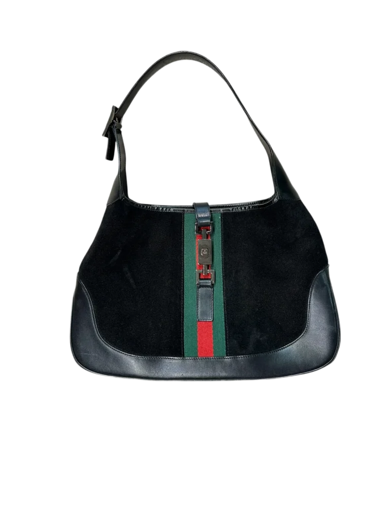 Borsa a spalla Gucci Jackie Media in suede e pelle, vista frontale con dettaglio strisce verde e rosso.